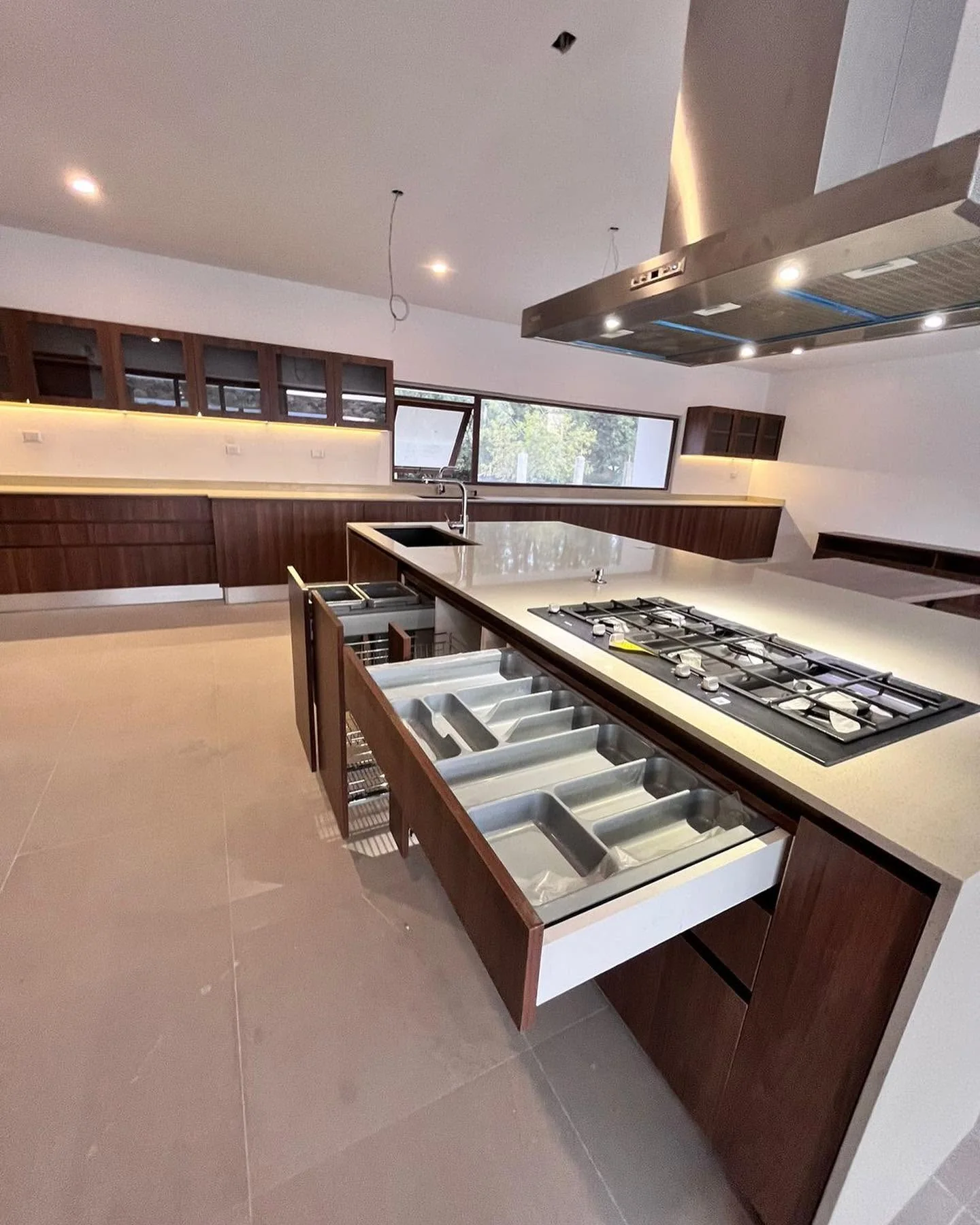 Cajones interiores abiertos en isla de cocina contemporánea con encimera integrada